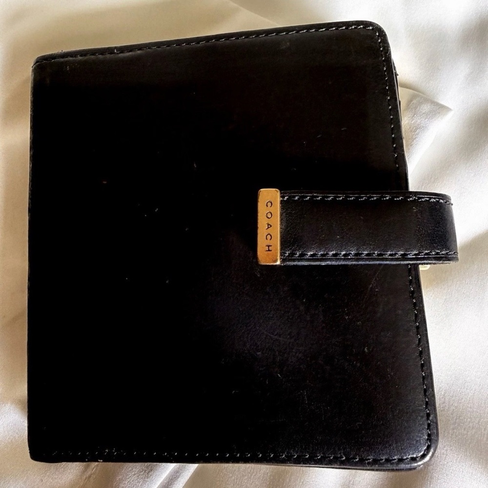 Coach Black Leather Card Holder with Gold Accent